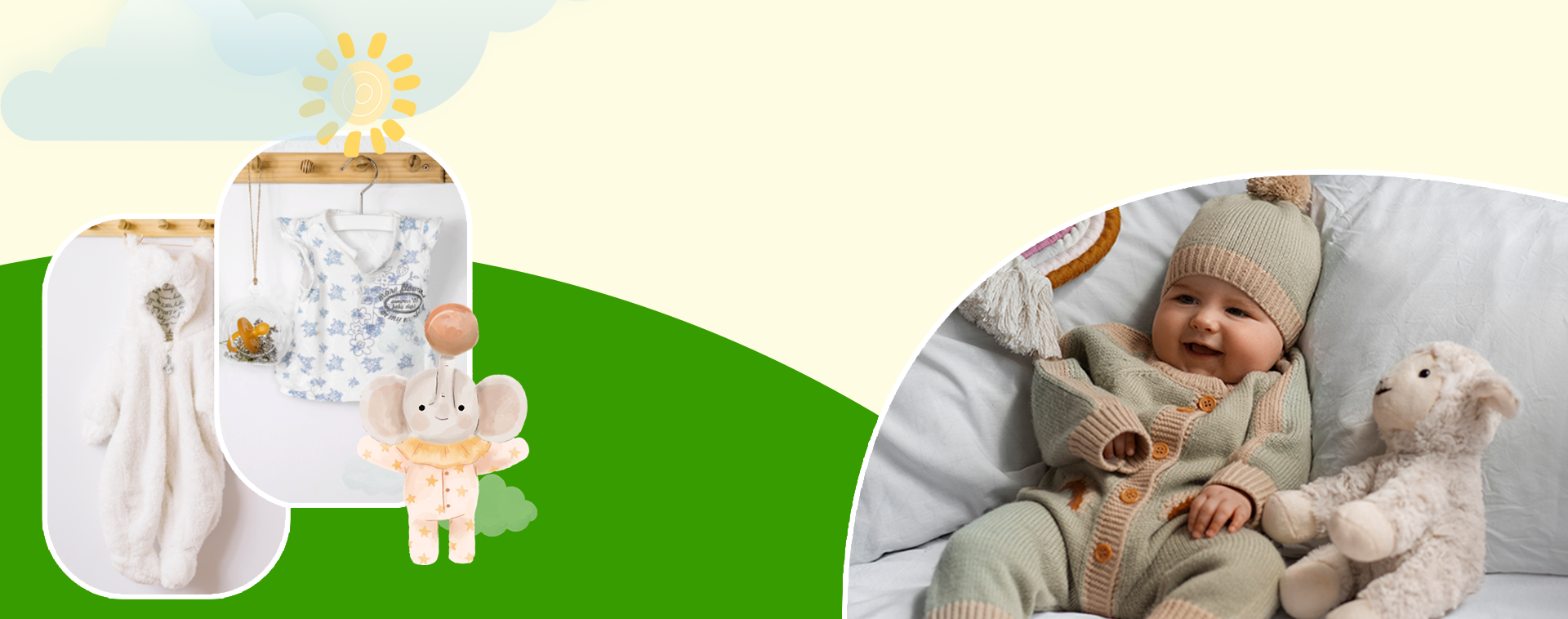 Baby clothing and a smiling baby with a soft toy